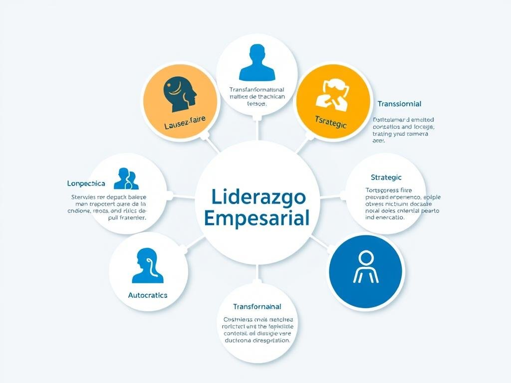 Diagrama visual mostrando los diferentes tipos de liderazgo empresarial con sus características distintivas Diagrama visual mostrando los diferentes tipos de liderazgo empresarial con sus características distintivas