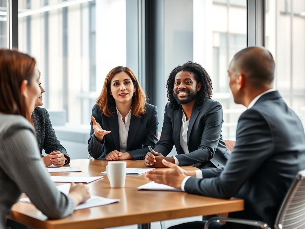 Líder comunicándose efectivamente con su equipo en una reunión Líder comunicándose efectivamente con su equipo en una reunión