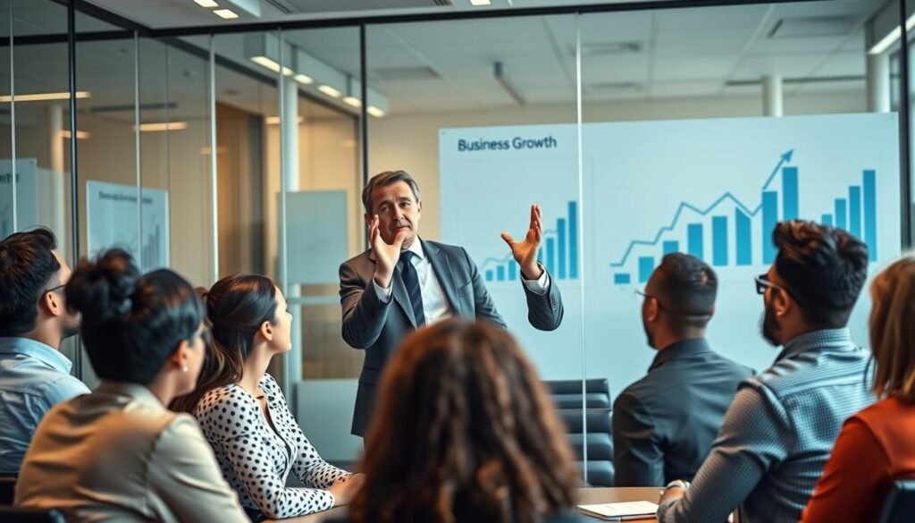 Líder empresarial inspirando a su equipo hacia el éxito organizacional Líder empresarial inspirando a su equipo hacia el éxito organizacional
