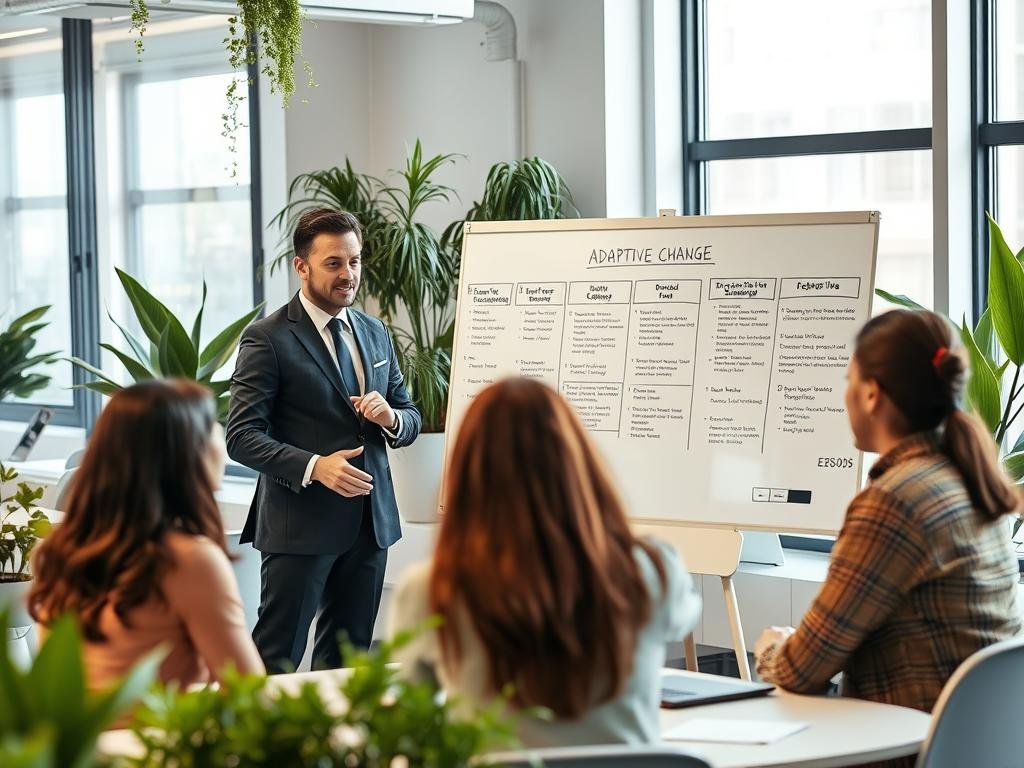 Líder guiando a su equipo a través de un cambio organizacional Líder guiando a su equipo a través de un cambio organizacional