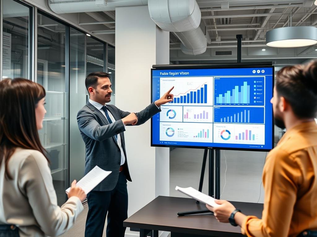 Líder presentando una visión estratégica a su equipo con gráficos de crecimiento Líder presentando una visión estratégica a su equipo con gráficos de crecimiento