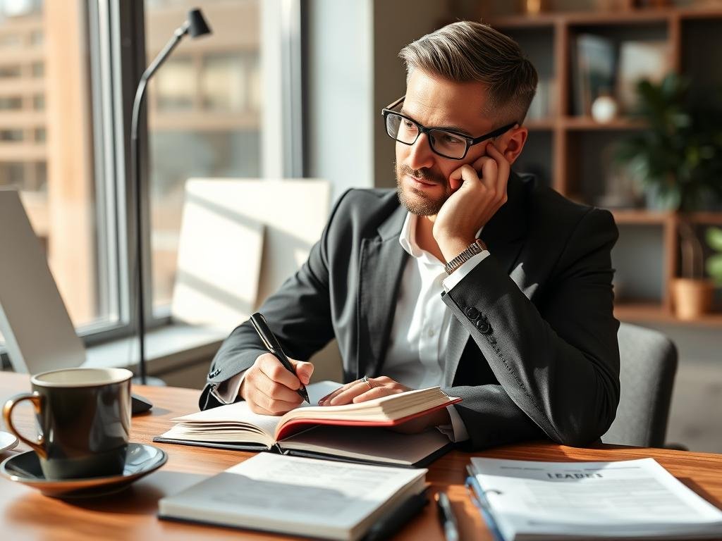 Persona reflexionando y escribiendo en un diario de liderazgo Persona reflexionando y escribiendo en un diario de liderazgo