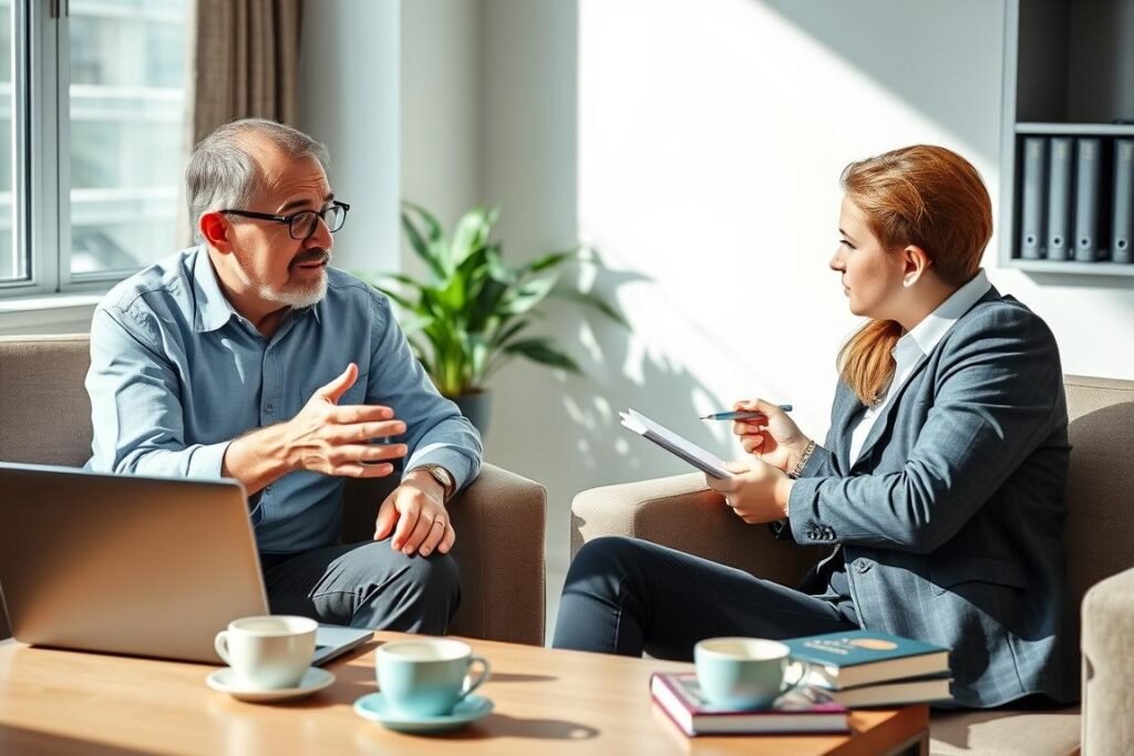 Profesional recibiendo mentoría de un líder experimentado para desarrollar habilidades de liderazgo empresarial Profesional recibiendo mentoría de un líder experimentado para desarrollar habilidades de liderazgo empresarial