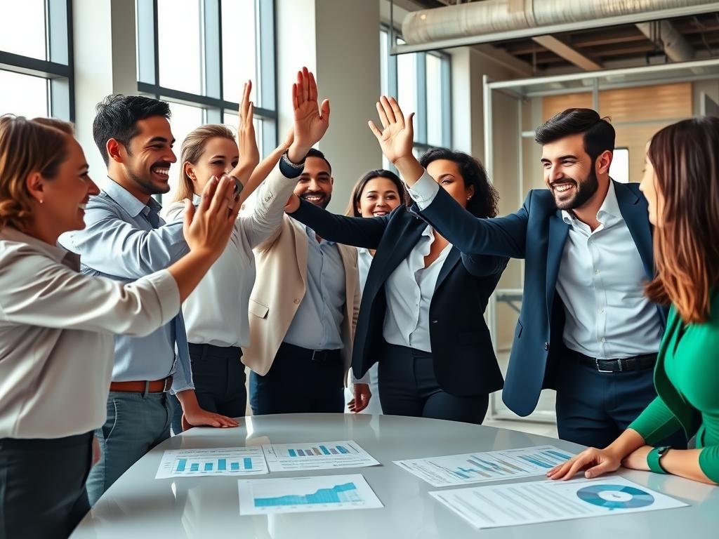 Business team celebrating success after overcoming challenges Business team celebrating success after overcoming challenges