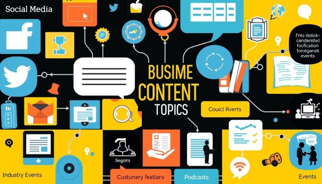 Collage de diferentes fuentes de inspiración para encontrar temas de interés para un negocio Collage de diferentes fuentes de inspiración para encontrar temas de interés para un negocio