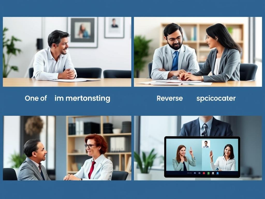 Diferentes tipos de mentoría promovida ilustrados en un entorno empresarial Diferentes tipos de mentoría promovida ilustrados en un entorno empresarial