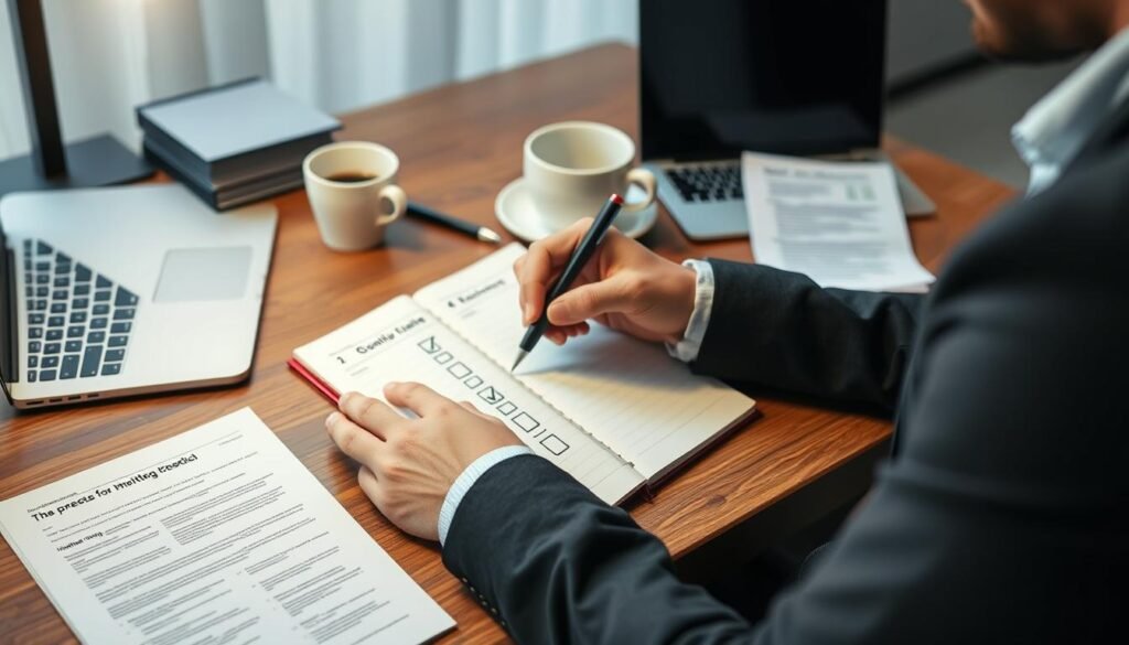 Emprendedor completando checklist de preparación para mentorías de éxito en negocios online Emprendedor completando checklist de preparación para mentorías de éxito en negocios online