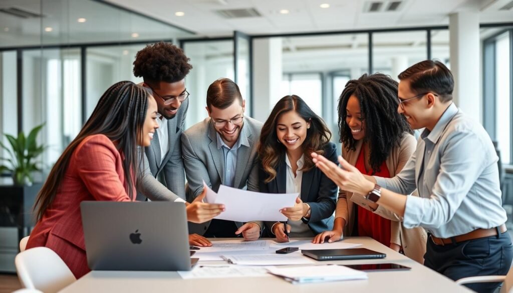 Equipo diverso colaborando bajo el liderazgo de un gran profesional del sector Equipo diverso colaborando bajo el liderazgo de un gran profesional del sector