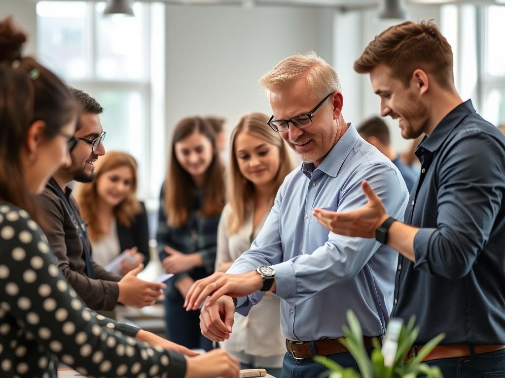 Líder trabajando junto a su equipo, demostrando compromiso con el trabajo Líder trabajando junto a su equipo, demostrando compromiso con el trabajo