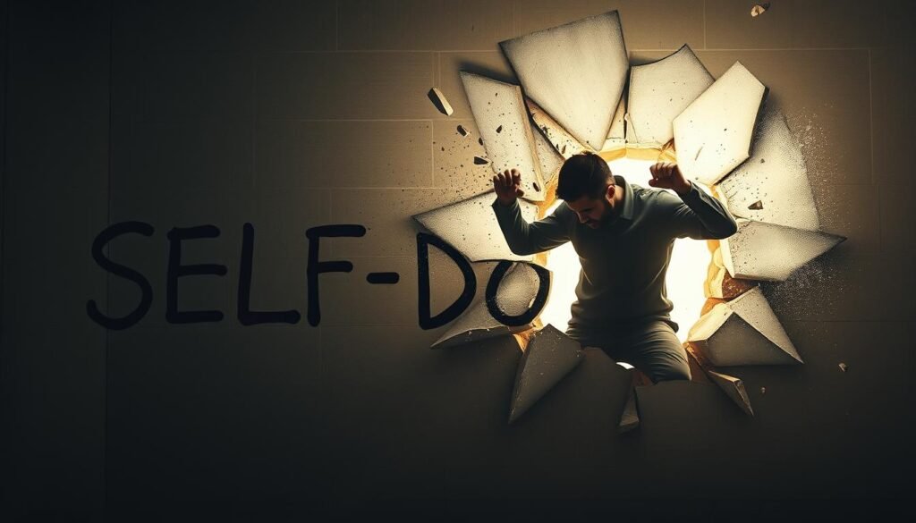 Person breaking through wall labeled 'self-doubt' Person breaking through wall labeled 'self-doubt'