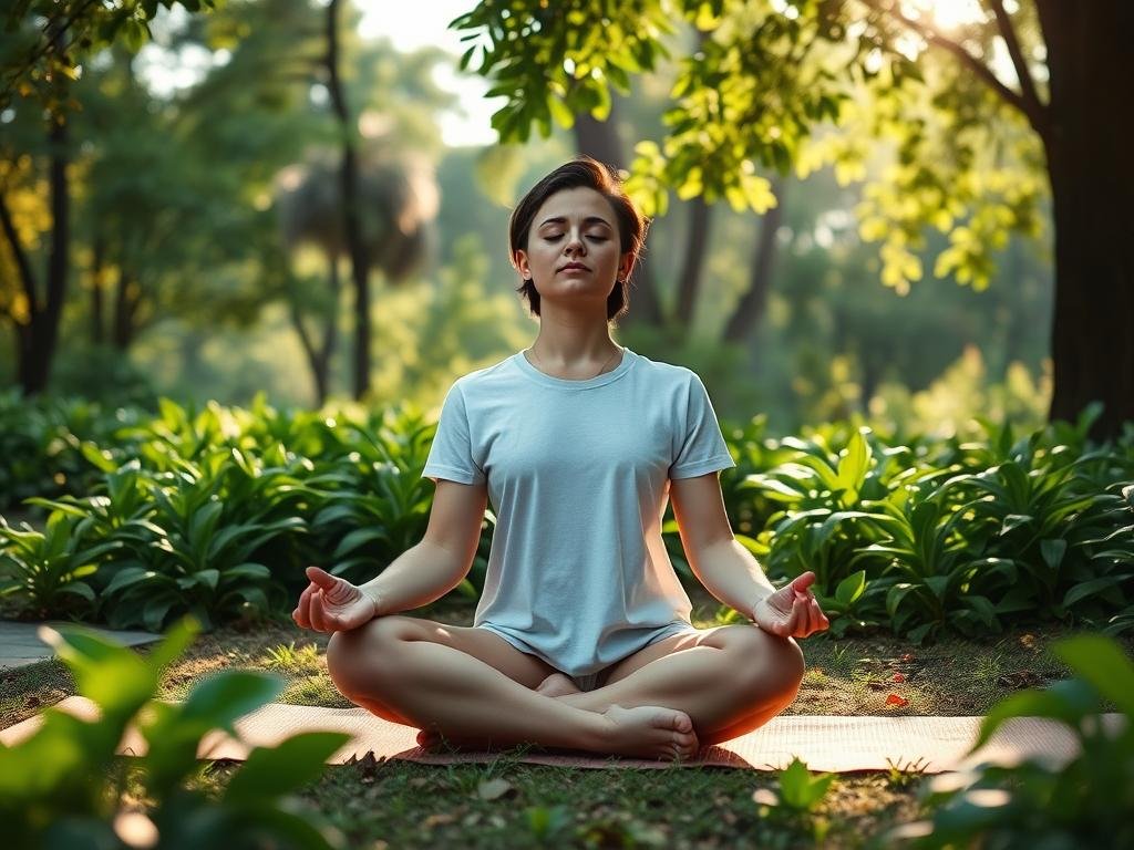 Person meditating in peaceful natural setting Person meditating in peaceful natural setting