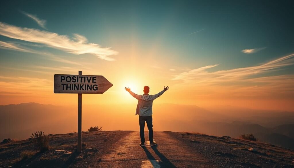Person standing at crossroads choosing positive path to success Person standing at crossroads choosing positive path to success