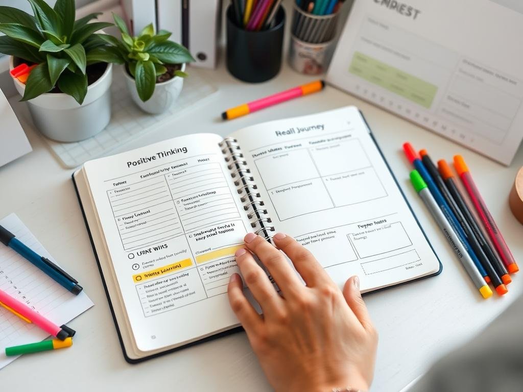 Person tracking positive thinking progress in journal Person tracking positive thinking progress in journal