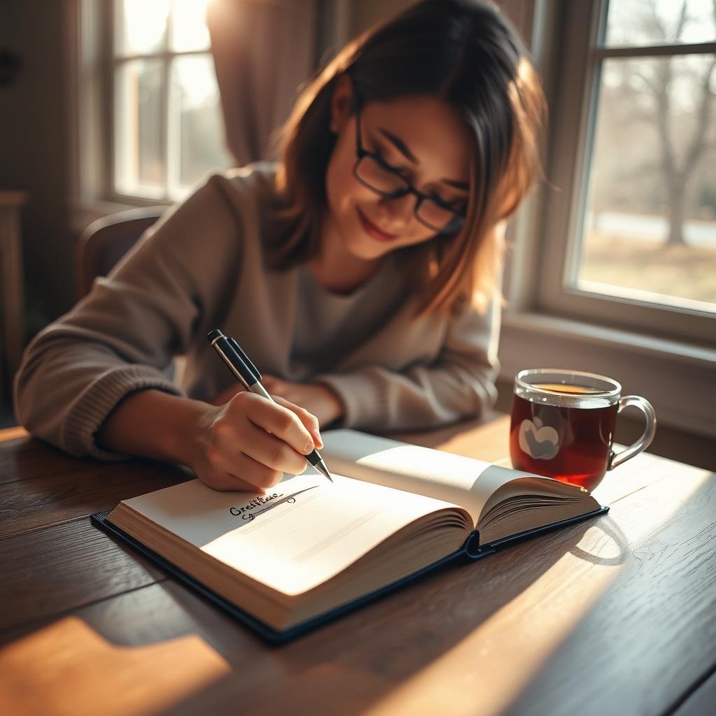 Person writing in gratitude journal with morning sunlight Person writing in gratitude journal with morning sunlight