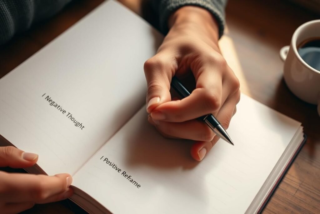 Person writing thought reframing exercise in journal Person writing thought reframing exercise in journal