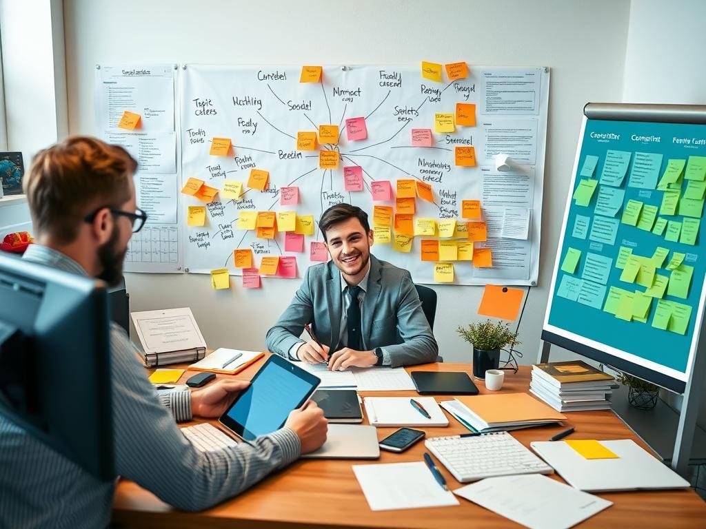Persona realizando una lluvia de ideas para encontrar temas de interés para su negocio Persona realizando una lluvia de ideas para encontrar temas de interés para su negocio