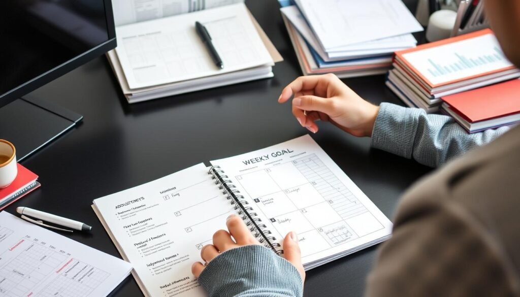 Persona realizando una revisión semanal de objetivos con un calendario y notas, método para conseguir objetivos en poco tiempo Persona realizando una revisión semanal de objetivos con un calendario y notas, método para conseguir objetivos en poco tiempo