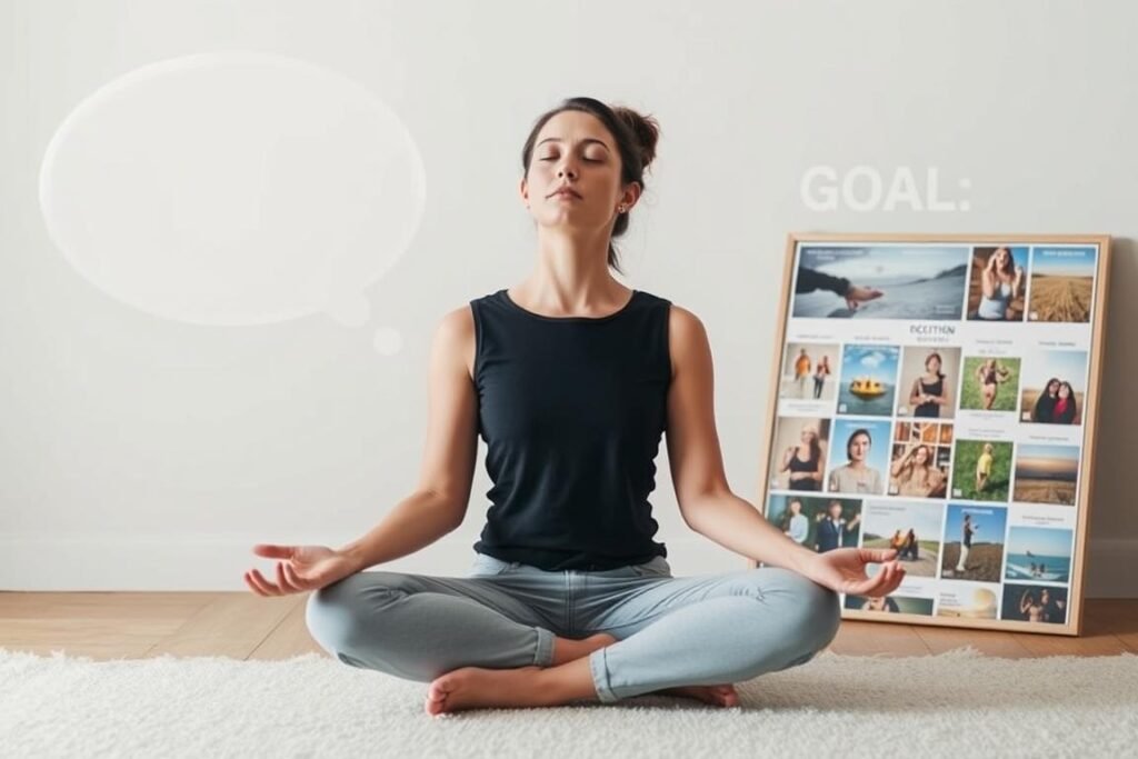 Persona visualizando sus objetivos con un tablero de visión, estrategia para conseguir objetivos en poco tiempo Persona visualizando sus objetivos con un tablero de visión, estrategia para conseguir objetivos en poco tiempo