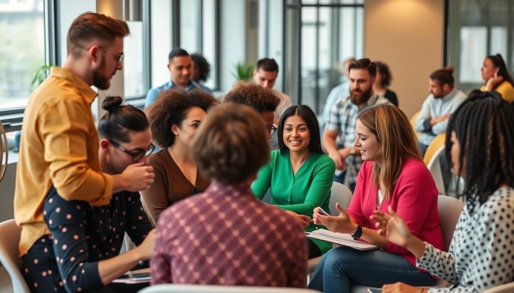 Personas aplicando principios de líderes del desarrollo personal en un entorno colaborativo Personas aplicando principios de líderes del desarrollo personal en un entorno colaborativo