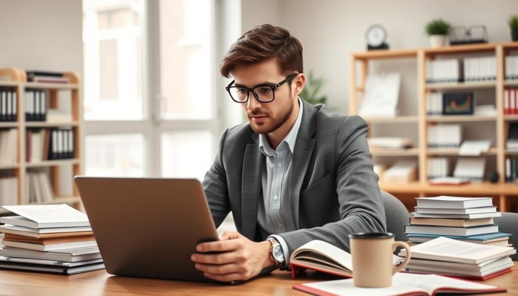 Profesional estudiando nuevas tendencias del sector para mejorar su liderazgo Profesional estudiando nuevas tendencias del sector para mejorar su liderazgo