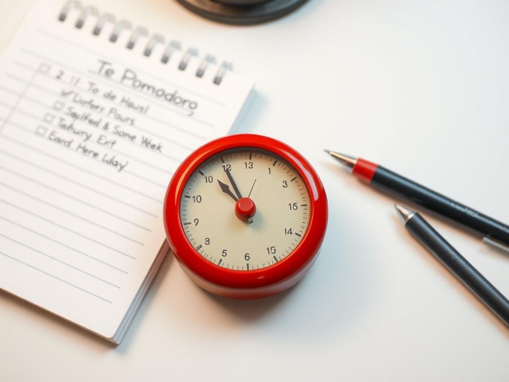 Reloj Pomodoro junto a una lista de tareas completadas, representando la técnica para conseguir objetivos en poco tiempo Reloj Pomodoro junto a una lista de tareas completadas, representando la técnica para conseguir objetivos en poco tiempo