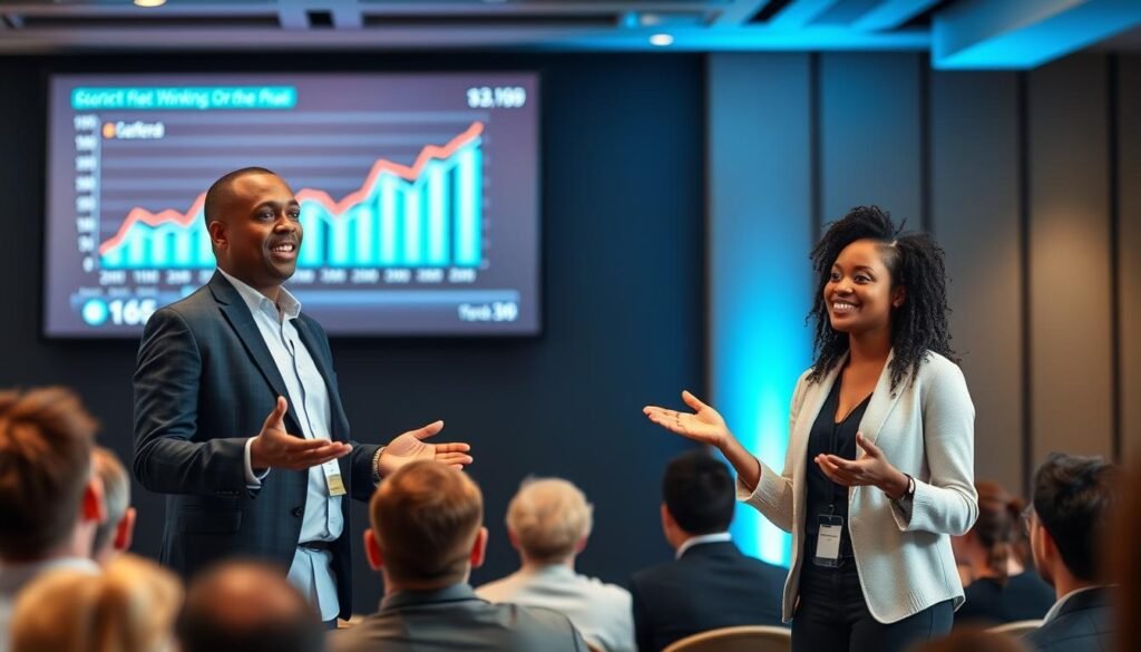 Successful entrepreneur giving presentation about positive mindset Successful entrepreneur giving presentation about positive mindset